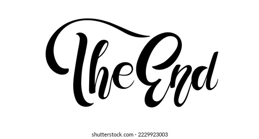 The end calligraphy lettering isolated black on white background. Vector Typography illustration about ending. Handwritten design for banner, flyer, card, movie, cinema. Inspirational quote The end.