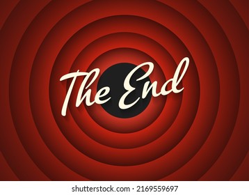 The end cinema screen. Old entertainment about background, hollywood film audience texture, cartoon circle template, movie round endings layout poster