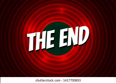 The End comic font title on red circle bacground. Old cinema movie ending screen. Vector illustration