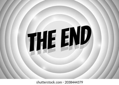 The End comic style text on white circle retro cinema screen. Black title on old silent movie ending background. Promotion message noir banner. Vector eps illustration