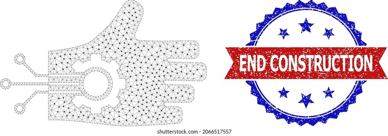 End Construction unclean watermark, and mechanical arm icon mesh model. Red and blue bicolored seal contains End Construction tag inside ribbon and rosette. Abstract flat mesh mechanical arm,