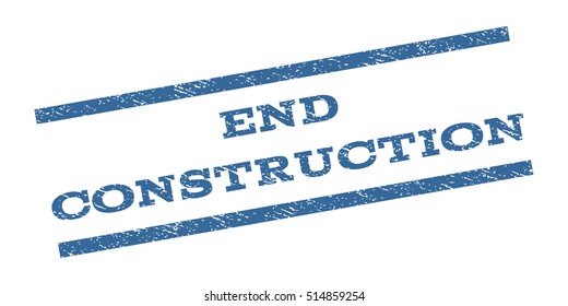 End Construction watermark stamp. Text caption between parallel lines with grunge design style. Rubber seal stamp with dust texture. Vector cobalt blue color ink imprint on a white background.