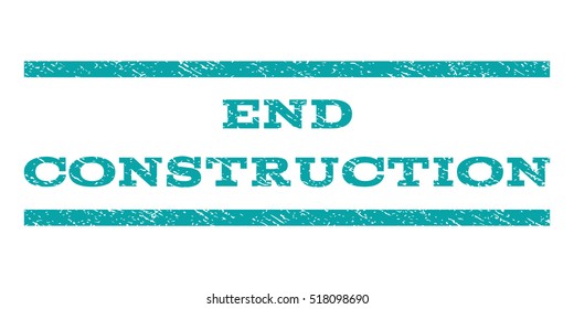 End Construction watermark stamp. Text tag between horizontal parallel lines with grunge design style. Rubber seal stamp with dirty texture. Vector cyan color ink imprint on a white background.