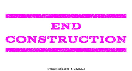 End Construction watermark stamp. Text tag between horizontal parallel lines with grunge design style. Rubber seal stamp with unclean texture. Vector magenta color ink imprint on a white background.