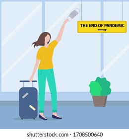 The end of coronavirus pandemic and quarantine. Girl with medical mask in her hand at the airport. Back to normal life after lockdown. Vector illustration.