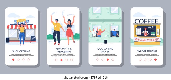 End of coronavirus quarantine, Covid-19 lockdown. Open shop. Restaurant, cafe business reopening. Quarantine weakening. Mobile app screens. Vector banner template for website and mobile development.