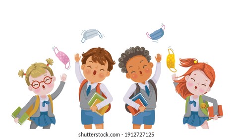 End of covid. kids uniform very happy. Children throw out medical masks. Day of the end. The quarantine and epidemic  illustration concept. Child jumping.