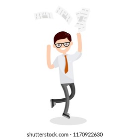 The end of the day.Office nerd worker goes on vacation. The man throws the files of documents and paper and runs. Lucky guy in white shirt and red tie - cartoon flat illustration
