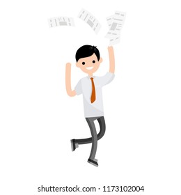 The end of the day.Office worker goes on vacation. The man throws the files of documents and paper and runs. Lucky guy in white shirt and red tie - cartoon flat illustration
