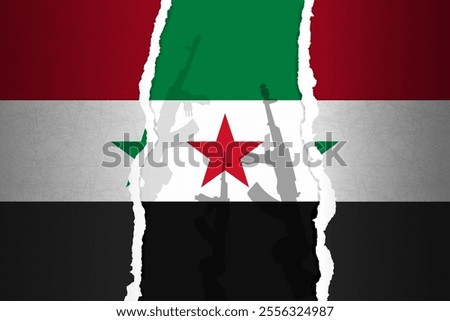 The end of the dictatorship. Under the torn flag of the Syrian regime is a new green-white-black flag with three stars. The shadows of rebel hands with guns