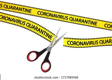 The end of epidemic, Covid-19 pandemic is over concept. Scissors cut a yellow cordon tapes with the text Coronavirus Quarantine. Protective measures completed. Vector illustration. 