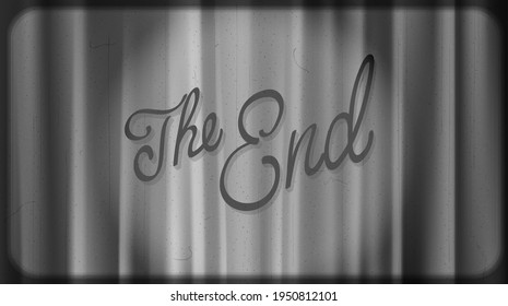 The end of film. Black noir screen with curtains and typography The End. Vintage retro scene with lettering like in old time hollywood movies
