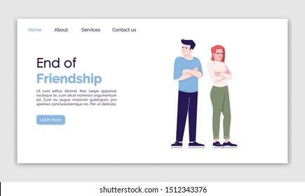 End of friendship landing page vector template. Couple quarrel website interface idea with flat illustrations. Relationship crisis homepage layout. Family miff web banner, webpage cartoon concept