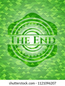 The End green emblem. Mosaic background