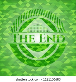 The End green emblem. Mosaic background