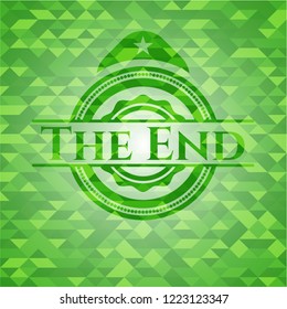 The End green emblem with mosaic background