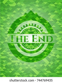 The End green emblem. Mosaic background