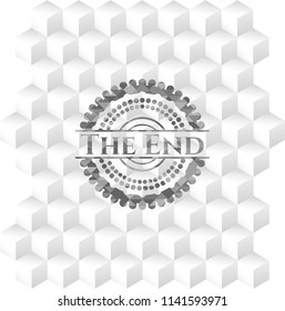 The End grey badge with geometric cube white background