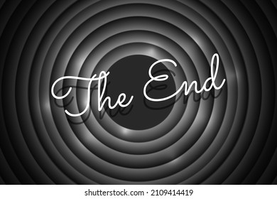 The End handwrite title on black and white round background. Old cinema movie circle ending screen. Vector noir promotion poster design template eps illustration