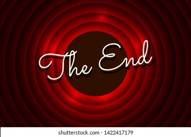 The End handwrite title on red round background. Old movie circle ending screen. Vector illustration