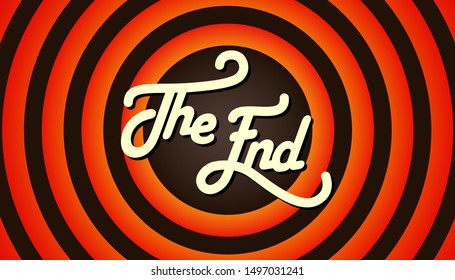 The End handwrite title on red round background. Vector illustration
