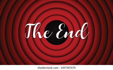 The End handwrite title on red round background. Vector illustration