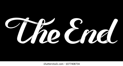 The End handwritten inscription. White paper letters effect. Closing movie frame. Hand drawn phrase. Editable vector shape illustration.