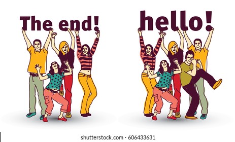 The end and hello sign team group business people isolate. Color vector illustration. EPS10