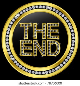 The end icon, golden button with diamonds, vector illustration