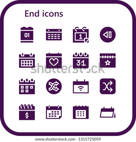 end icon set. 16 filled end icons.  Simple modern icons about  - Calendar, Skip, Shuffle