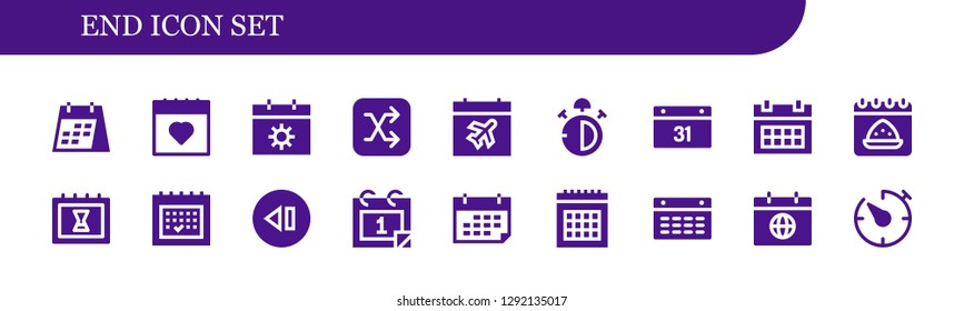  end icon set. 18 filled end icons. Simple modern icons about  - Calendar, Shuffle, Stop watch, Skip, Timer