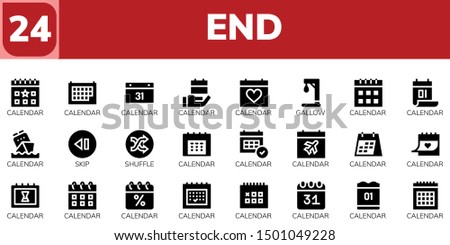end icon set. 24 filled end icons.  Simple modern icons about  - Calendar, Gallow, Skip, Shuffle