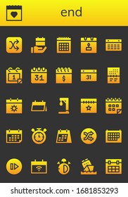 end icon set. 26 filled end icons. Included Shuffle, Calendar, Gallow, Timer, Skip, Stop watch icons