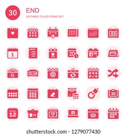 end icon set. Collection of 30 filled end icons included Calendar, Gallows, Shuffle