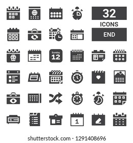 end icon set. Collection of 32 filled end icons included Calendar, Stop watch, Timer, Shuffle