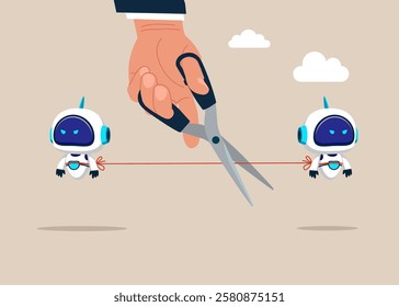 End of joint technology. Hand uses scissors to cut separation of robots. Modern vector illustration in flat style 