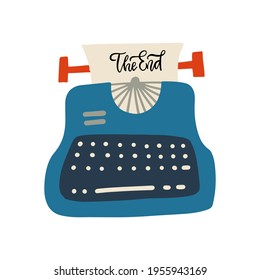 The End lettering concept. Phrase on sheet of paper in vintage typewriter. Flat vector hand drawn illustration.