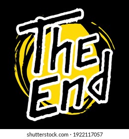 The end lettering text on black and yellow background. Handmade calligraphy vector illustration. Vector design for poster, logo, decor, movie, cinema, card, banner, postcard, final credits and print.