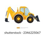 end loader vehicle flat cartoon. bulldozer quarry machine. stone wheel yellow digger. backhoe front loader truck. work tractor excavator. vector illustration.