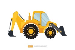End Loader Vehicle Flat Cartoon. Bulldozer Quarry Machine. Stone Wheel Yellow Digger. Backhoe Front Loader Truck. Work Tractor Excavator. Vector Illustration.