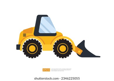 end loader vehicle flat cartoon. bulldozer quarry machine. stone wheel yellow digger. backhoe front loader truck. work tractor excavator. vector illustration.