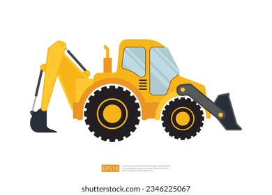 caricatura plana del vehículo del cargador final. máquina de cantera bulldozer. excavadora amarilla de rueda de piedra. camión cargador delantero trasero. excavadora de tractor de trabajo. ilustración vectorial.