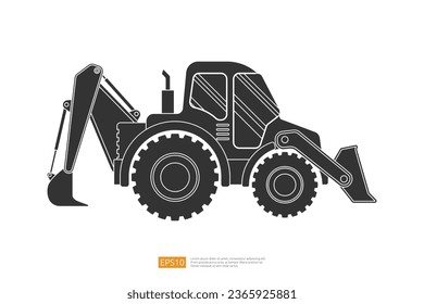 end loader vehicle flat cartoon. bulldozer quarry machine. stone wheel Silhouette digger. backhoe front loader truck. work tractor excavator. vector illustration.