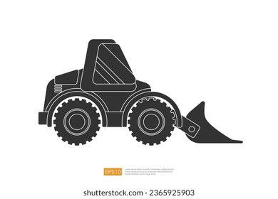 end loader vehicle flat cartoon. bulldozer quarry machine. stone wheel Silhouette digger. backhoe front loader truck. work tractor excavator. vector illustration.