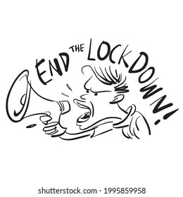 End the Lockdown, Black White Illustration Fight Corona Virus