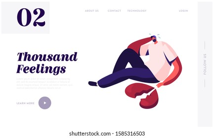 End of Love and Loving Relations, Divorce Website Landing Page. Depressed Heartbroken Man Sitting on Ground with Pieces of Red Broken Heart and Crying Web Page Banner. Cartoon Flat Vector Illustration