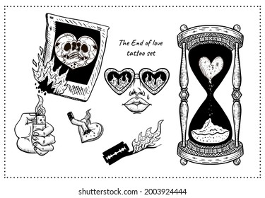 the end of love tattoo set: skull, fire, blade, hourglass, skull, fire, blade, hourglass, tears