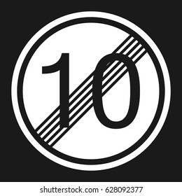 End maximum speed limit 10 sign flat icon, Traffic and road sign, vector graphics, a solid pattern on a black background, eps 10