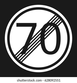 End maximum speed limit 70 sign flat icon, Traffic and road sign, vector graphics, a solid pattern on a black background, eps 10
