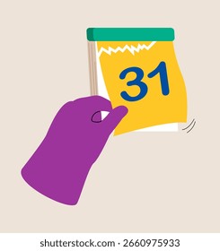 End of month. Hand tear off calendar sheet. Colorful vector illustration